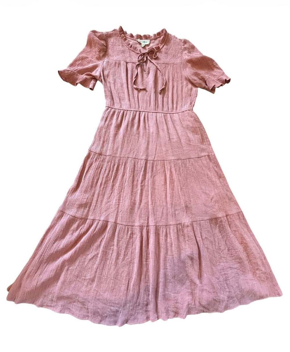 Sweet Wanderer Pink Textured Tiered Midi Dress Women's XL Flutter Short Sleeve